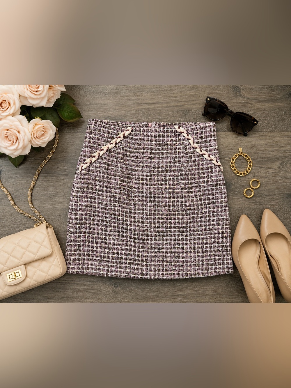 Tweed Mini Skirt with Pink Trim - Women's Skirt 16” flat lay waist